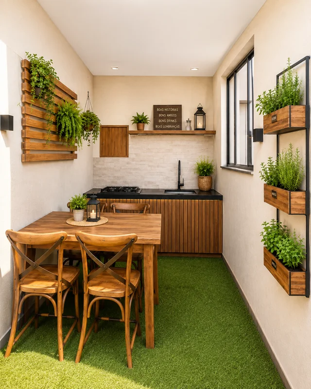 Cozinha integrada à sala, com bancada e armários claros