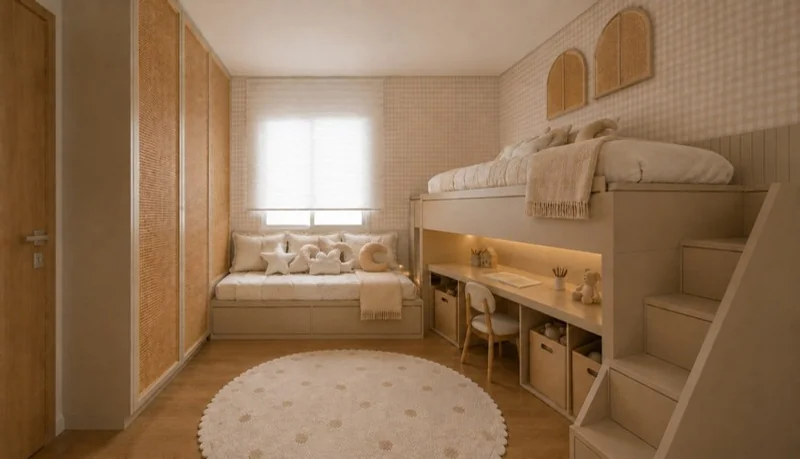 Quarto infantil decorado, com cama e marcenaria sob medida