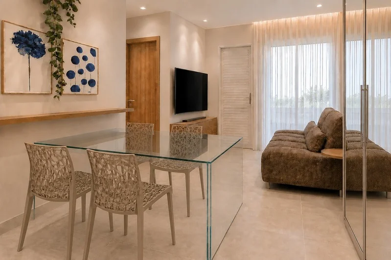 Sala de estar decorada, com sofá e acesso à varanda