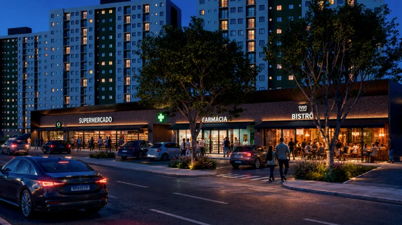 Boulevard gourmet iluminado à noite, com mesas na calçada e pessoas conversando