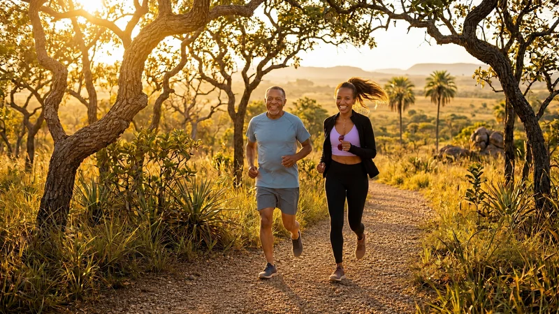 Casal correndo em um caminho cercado de vegetação no fim da tarde