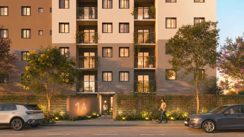 Fachada dos City Homes, com volumes baixos, telhados embutidos e paleta inspirada na vegetação