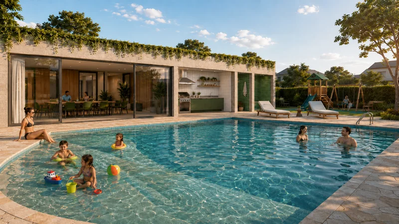 Piscina do condomínio com deck e espreguiçadeiras