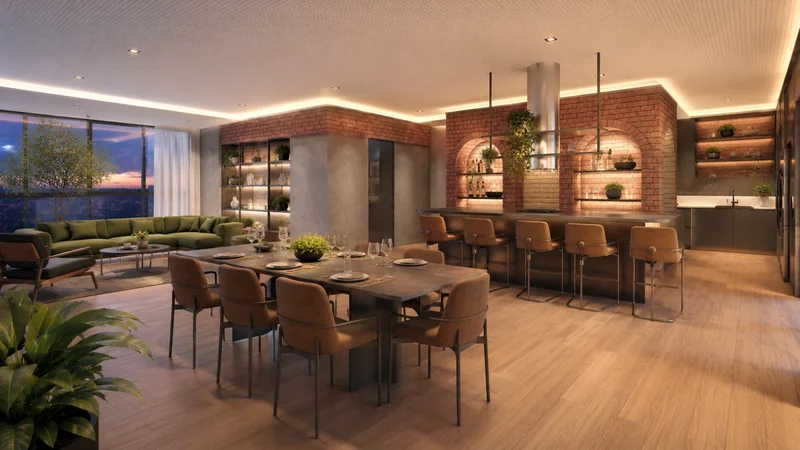 Salão de festas integrado a um espaço de coworking, com mesas e boa iluminação